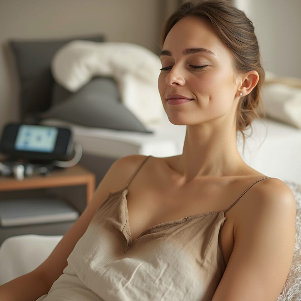 A person sits with eyes closed, appearing relaxed and at ease. The background features a bed with pillows and a small table holding an electronic device, all within a comfortable and serene room setting.