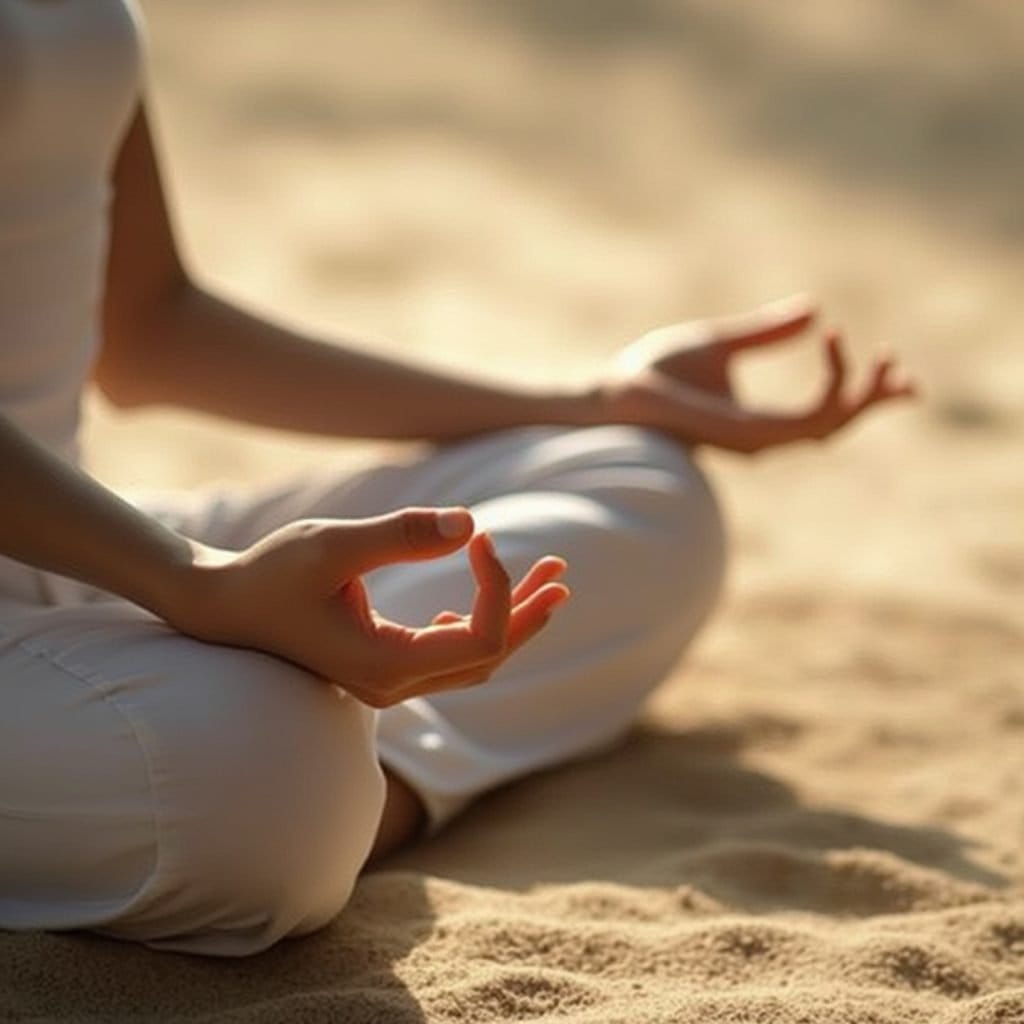 A person sitting cross-legged in a meditative pose on sand, wearing white clothing, with their hands resting on their knees in a mudra position commonly used in meditation or yoga.