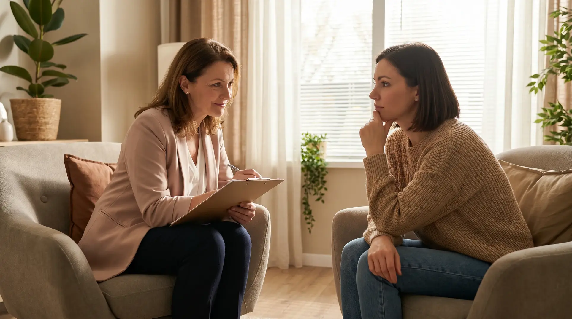 Two people sitting and talking in a well-lit indoor setting, likely during a counseling or therapy session. One holds a clipboard, appearing to take notes or conduct an assessment, while the other listens attentively. The room features plants and cushions, creating a comfortable and welcoming atmosphere.