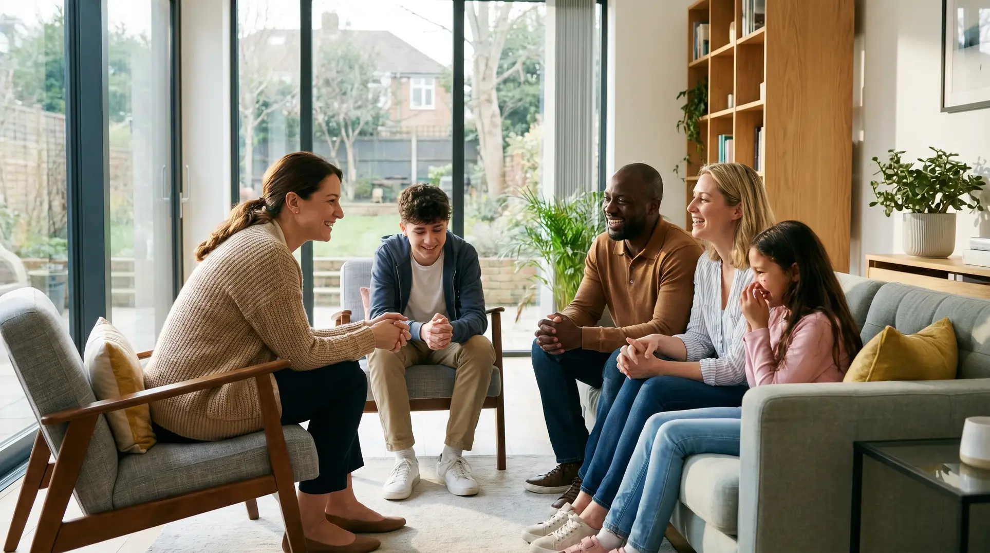 A group of people sitting together in a living room, smiling and laughing as they engage in a conversation. The room features large windows with an outdoor view, as well as decor that includes plants and bookshelves.