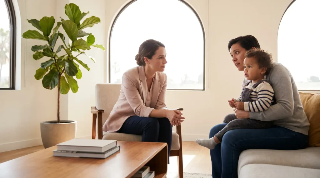 Three people in a light-filled room: a woman sitting on a chair converses with someone seated on a couch holding a child. A coffee table with books and a large potted plant by the window add to the serene atmosphere, suggesting a counseling session or casual meeting.