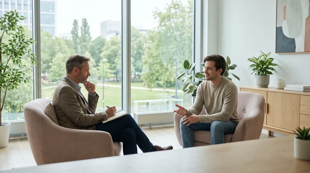 Two people are sitting in a room, possibly having a conversation or counseling session. One person is holding a notebook and pen, while large windows provide a view of greenery outside. The room features several indoor plants, contributing to a peaceful and welcoming atmosphere.