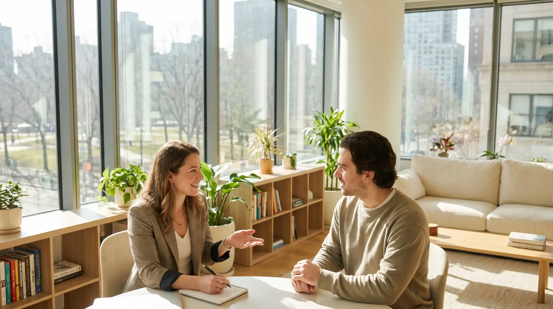 Two people sitting at a table in a modern office, engaged in conversation. The room is bright with large windows showcasing an outdoor view of buildings and trees. Shelves and tables hold several potted plants, and a comfortable couch is visible in the background. Books are neatly arranged on the shelves, adding to the cozy yet professional environment.