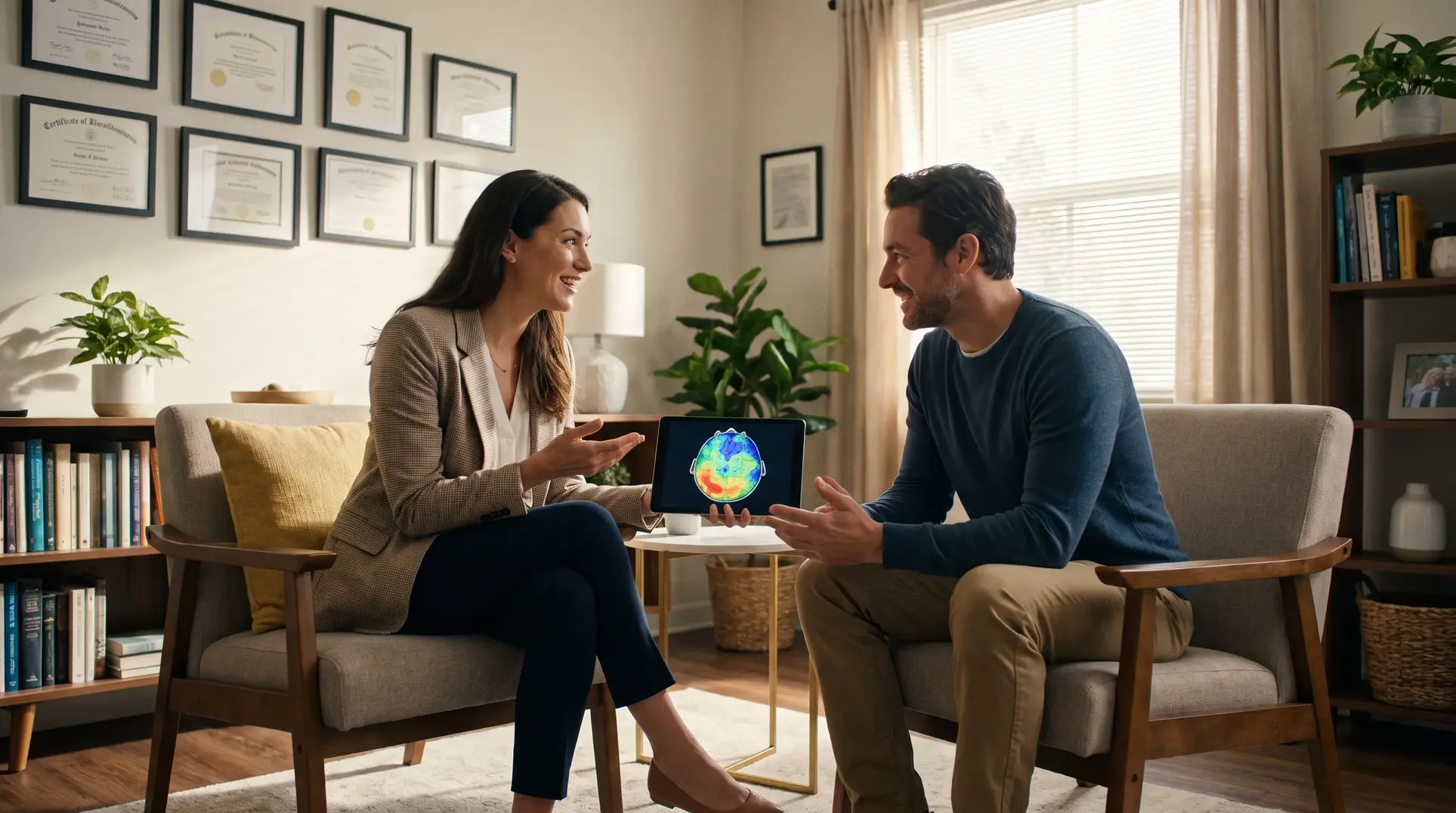 Two people are seated in a well-lit office or therapy room, engaged in a conversation. A tablet on the table between them displays a colorful brain map. The room is decorated with framed certificates, bookshelves, and plants, creating a professional and welcoming atmosphere.