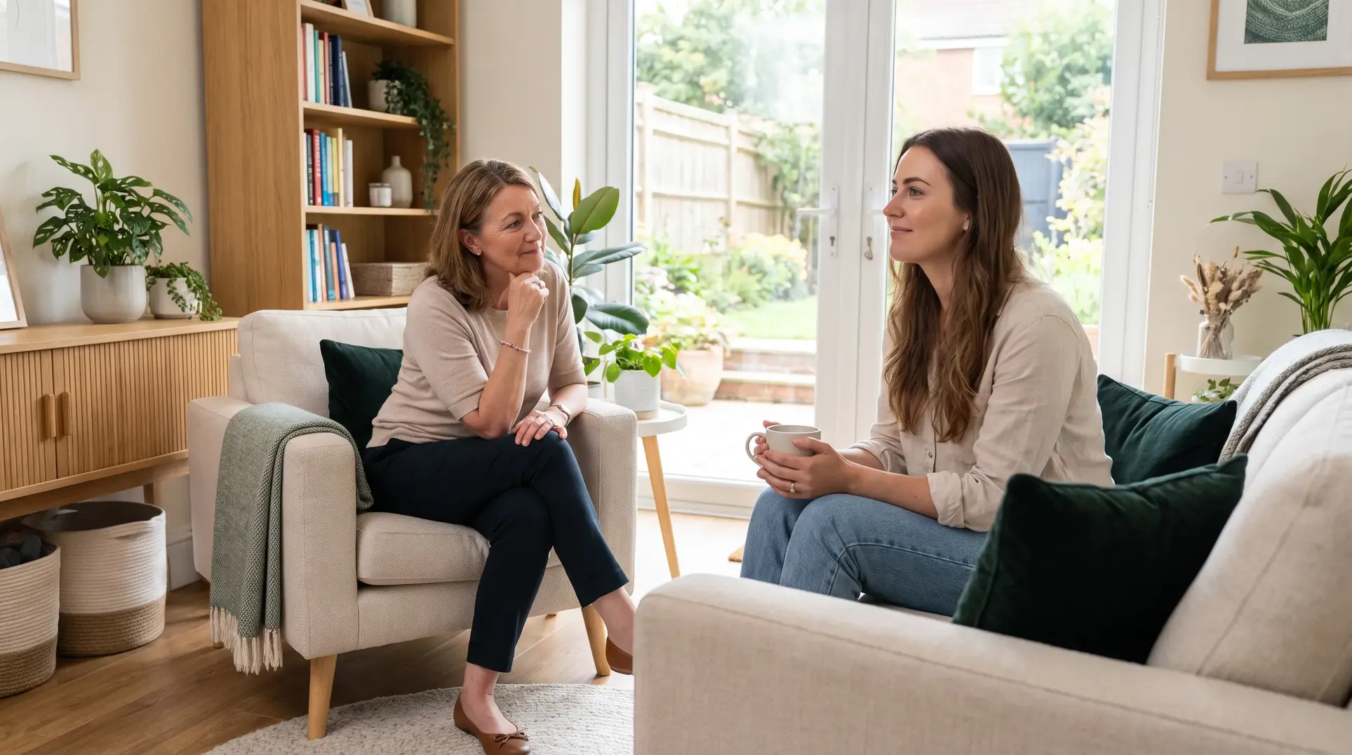Two people sitting in a well-decorated living room, engaged in a friendly and possibly meaningful discussion. One person is holding a mug. The room features plants, a bookshelf with books, and natural light coming through a glass door, creating a tranquil and cozy atmosphere.