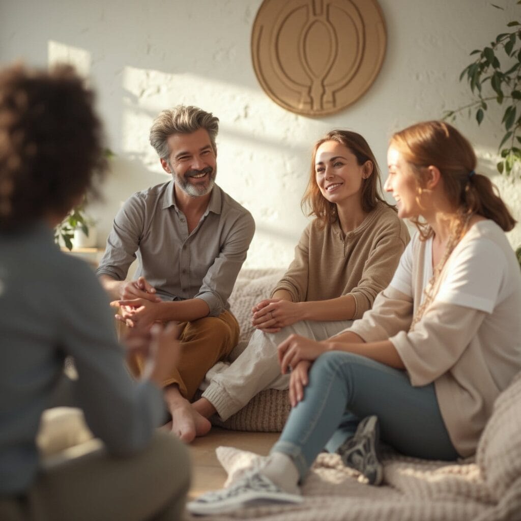 A group of four people sitting together in a relaxed and informal setting, smiling and engaged in conversation. The room has a cozy atmosphere with soft lighting and plants in the background, creating a warm and inviting environment.