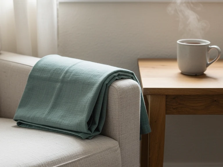 Illustrative restful home detail with a folded teal throw and a mug beside a chair; not a clinic photograph