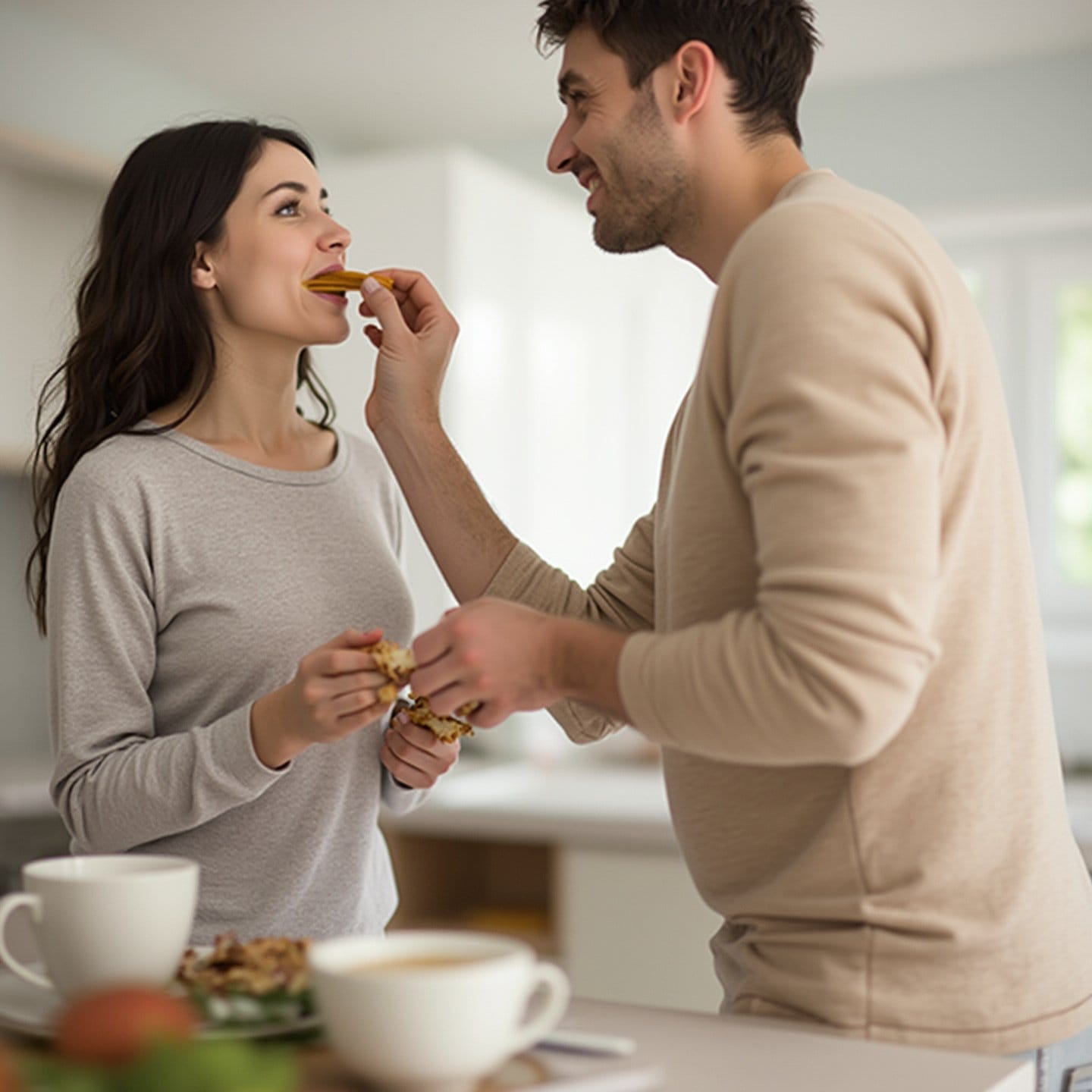 Couple having a playful moment in the kitchen