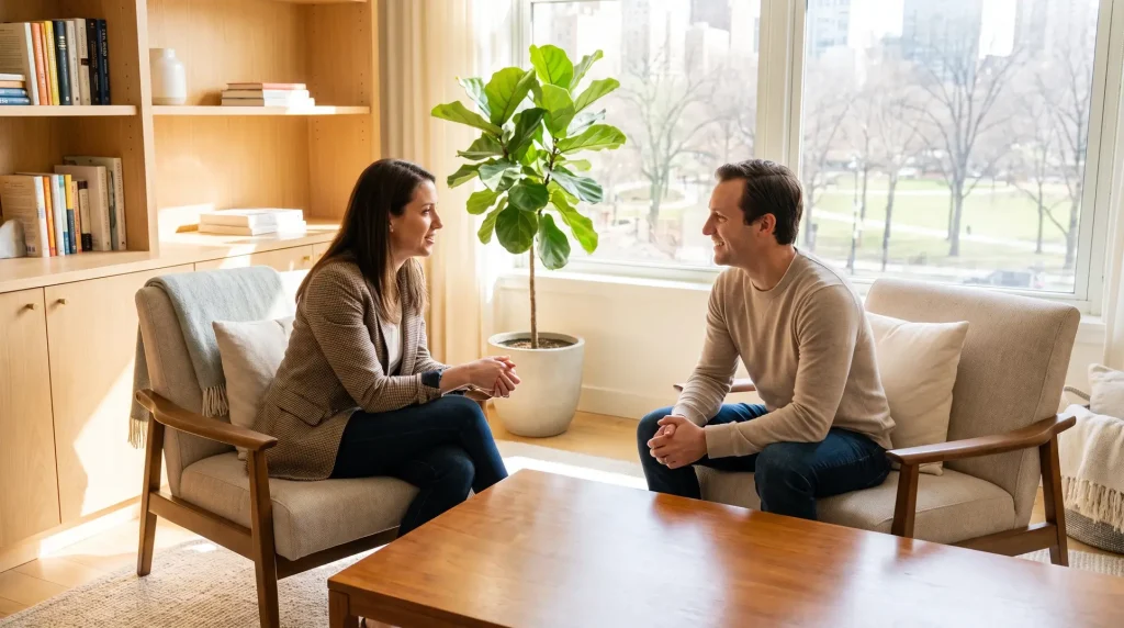 Two people sitting across from each other in a warmly lit, cozy room with a large window showcasing a view of trees. A bookshelf filled with books and a fiddle leaf fig plant are near the window, creating a comfortable and relaxed atmosphere for their conversation.