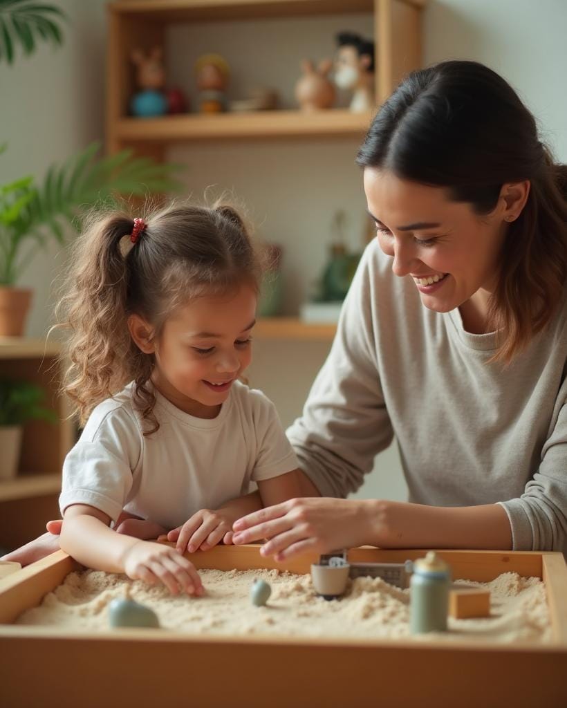 Therapist guiding a sandtray therapy session