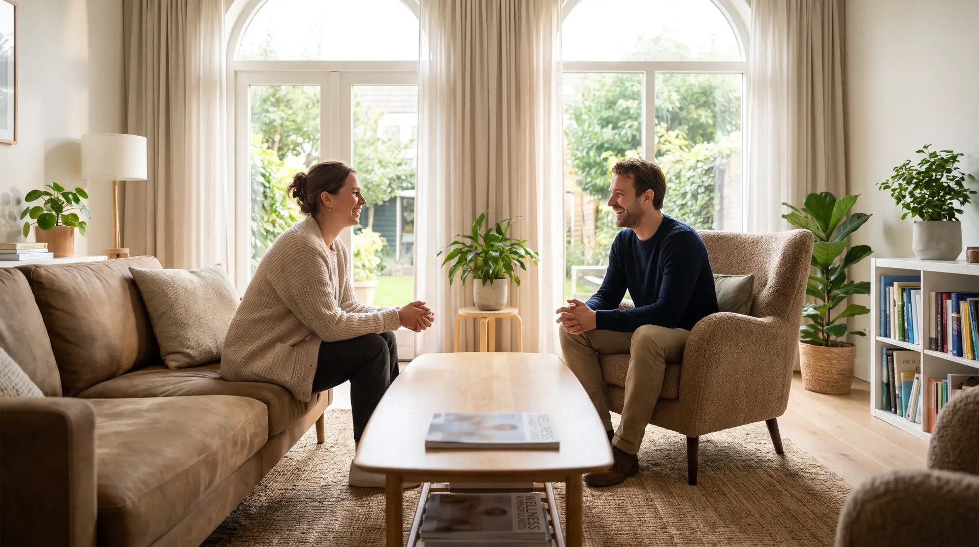 Two people sitting in a cozy, well-lit living room, smiling and facing each other. One person is on a sofa, while the other is on a chair across a wooden coffee table. The room features large windows with curtains, a rug, several plants, and a bookshelf filled with books, creating a warm and inviting atmosphere.
