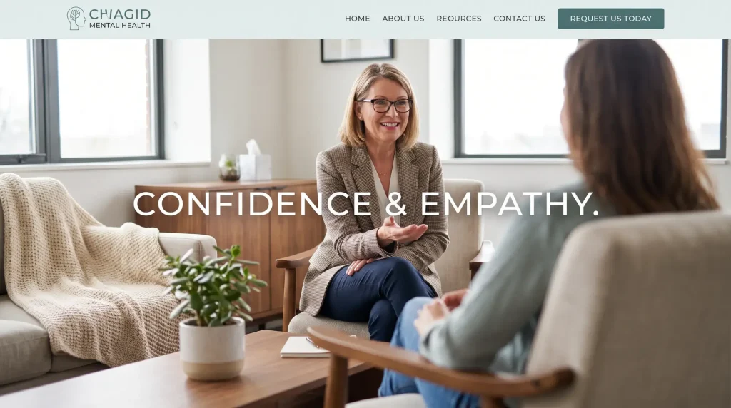 A modern therapist's office with two people sitting in chairs, engaged in conversation. The room features a cozy design with a plant, a table, and a blanket on a couch. The text 'CONFIDENCE & EMPATHY.' is visible alongside the 'CHIAGID MENTAL HEALTH' logo and website navigation options at the top.